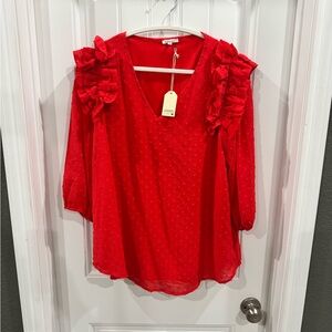 JODIFL Red Swiss Dot Ruffle Sleeve Blouse Women’s Size L NWT